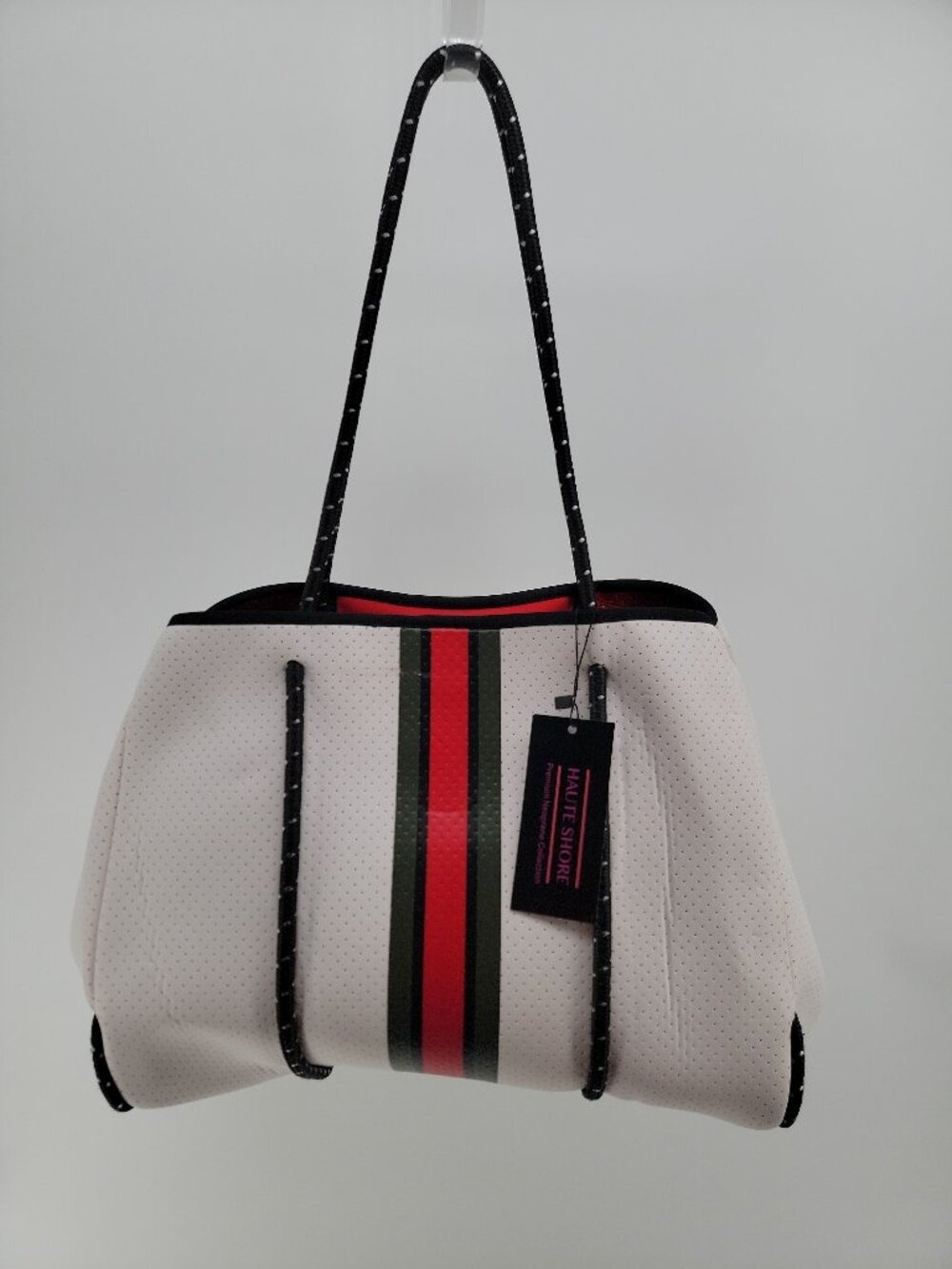 NWT Haute Shore White Neoprene Tote Mini Pouch Red Green Stripe